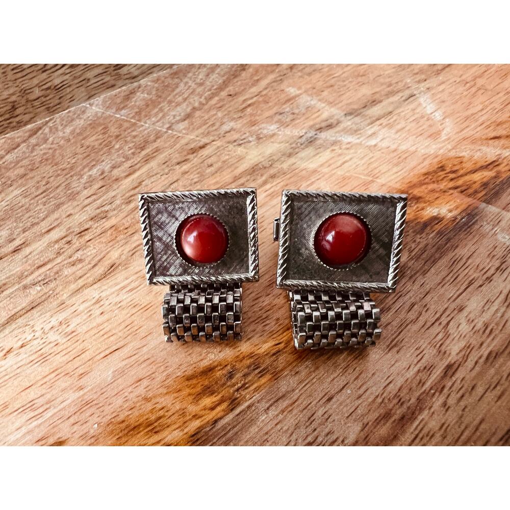Vintage Carnelian Silver Wrap Chain Cufflinks 1.25” 20g